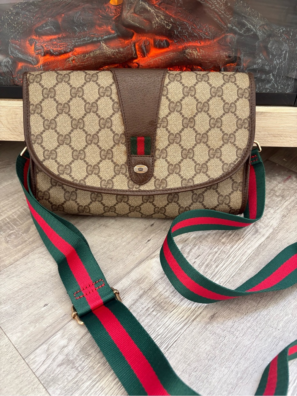 Gucci Brown GG Canvas Crossbody with Green-Red Web Strap